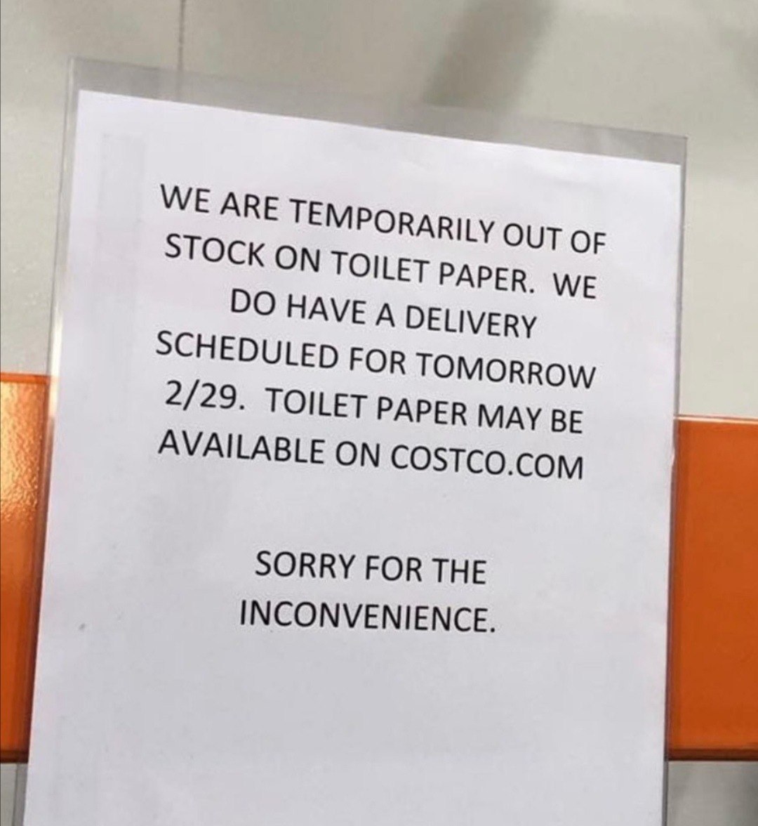 Объявление Costco: туалетной бумаги временно нет, поставка 29 февраля